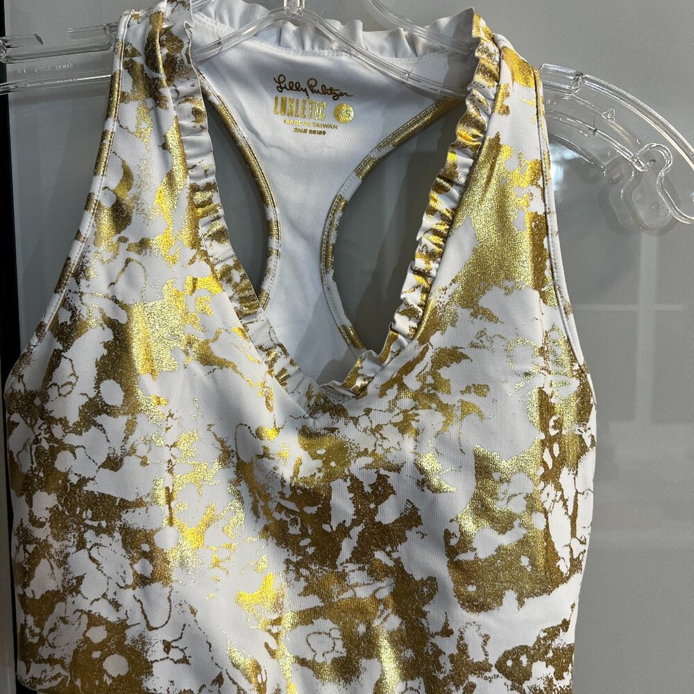 Lilly Pulitzer Gold Shoreline Foil LINDSAY SPORTS BRA Luxletic UPF50+ NWT XS